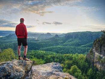 Rear view of man looking at mountains against sky