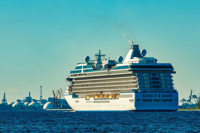Ship in sea against clear sky