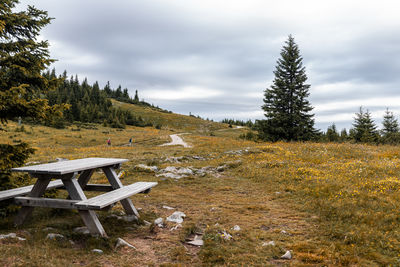 Empty bench on field against sky