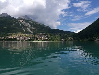 Scenic view of lake against cloudy sky