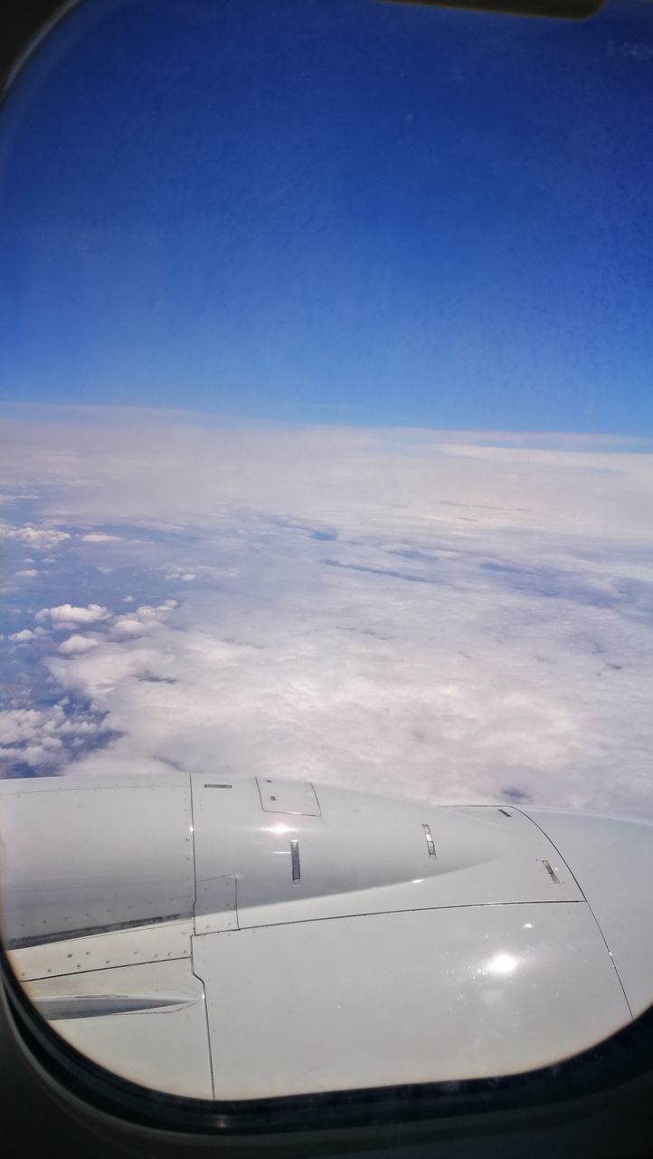 airplane, transportation, blue, mode of transport, aerial view, airplane wing, air vehicle, no people, sky, journey, cloud - sky, jet engine, day, aircraft wing, travel, outdoors, beauty in nature, nature, flying, vehicle part, scenics