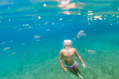 High angle view of man swimming in sea