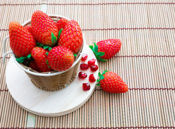 High angle view of strawberries in basket on table