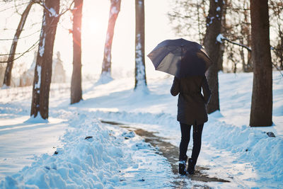 Rear view of woman with umbrella walking on snow covered land