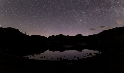 A panoramic view of the night sky over blea tarn in the english lake district