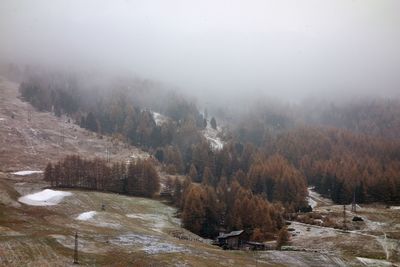 Scenic view of snow covered land against sky