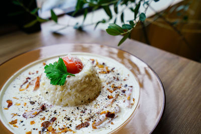 Close-up of breakfast served on table