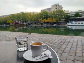 Cafe terrace on the basin of jores in paris