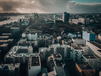 High angle view of buildings against sky in city