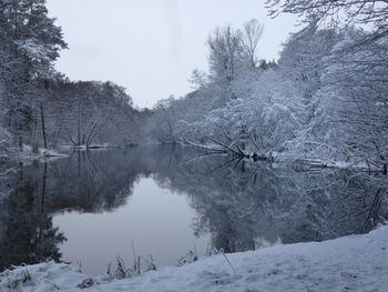 Scenic view of lake against sky during winter