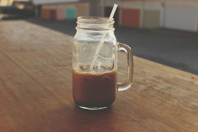 Close-up of drink in mason jar on table