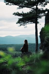 Woman sitting on rock by trees in forest against sky