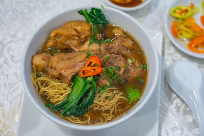 High angle view of soup in bowl on table