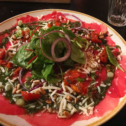 High angle view of salad served in bowl