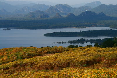 Scenic view of lake and mountains against sky