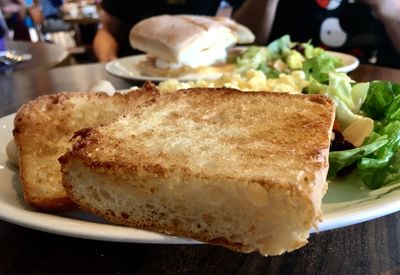 Close-up of food served on table