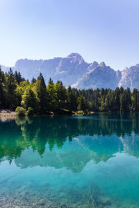 Scenic view of lake and mountains against clear sky