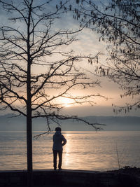 Rear view of silhouette man standing by lake against sky during sunset