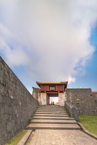 Staircase leading towards temple building against sky