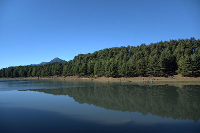 Scenic view of lake against clear blue sky