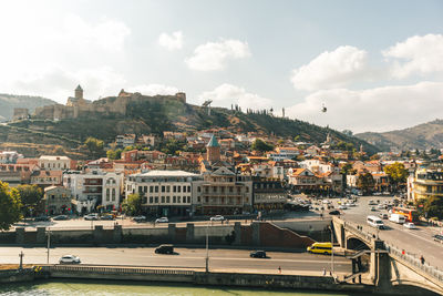 Cityscape of famous old town with mtkvari river in tbilisi, georgia.