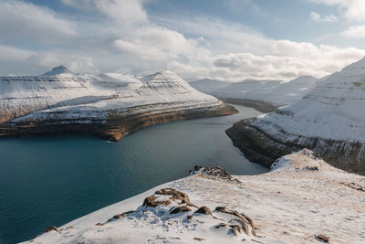 Scenic view of lake by snowcapped mountains against sky