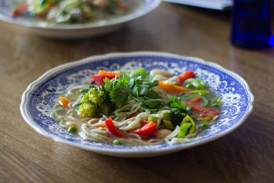 High angle view of salad in bowl on table