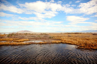 Scenic view of pond against sky