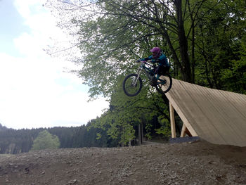 Man riding bicycle on road amidst trees