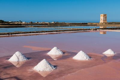 Scenic view of sea and salt  against clear blue sky