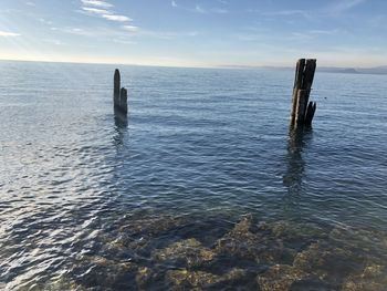 Wooden posts in sea against sky