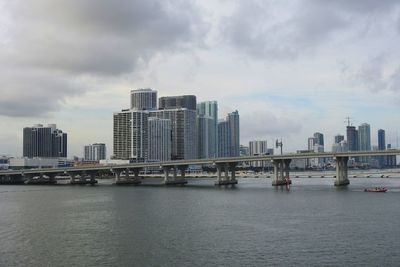 City by river against sky