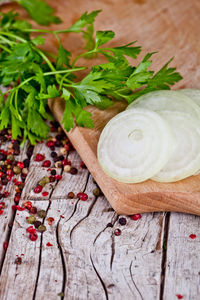 High angle view of food on cutting board