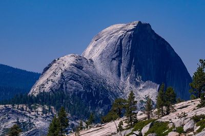 Low angle view of mountain against clear blue sky