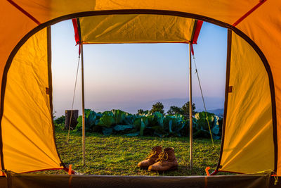 View of tent on landscape against clear sky