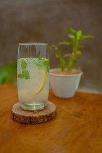 Close-up of drink served on table