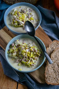 High angle view of breakfast served on table