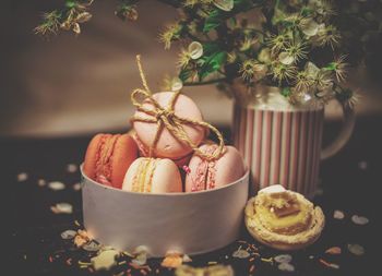 Close-up of macaroons in bowl on table