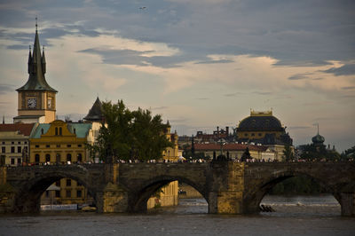 Arched bridge against built structures