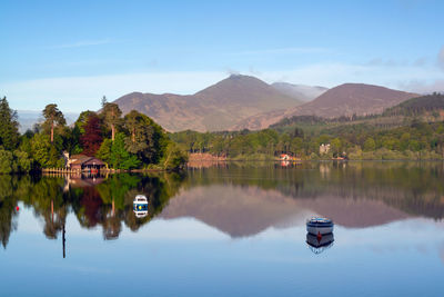 Scenic view of lake and mountains against sky