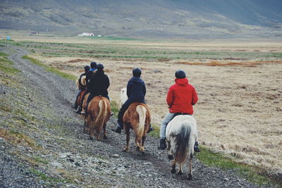 Rear view of people with dog walking on landscape