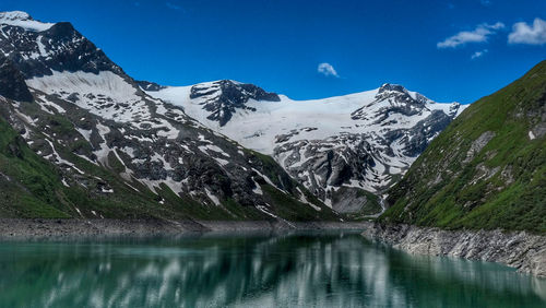 Scenic view of lake and snowcapped mountains against sky