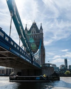 Bridge over river in city against sky