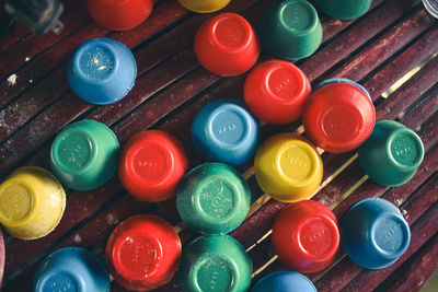 High angle view of multi colored candies on table