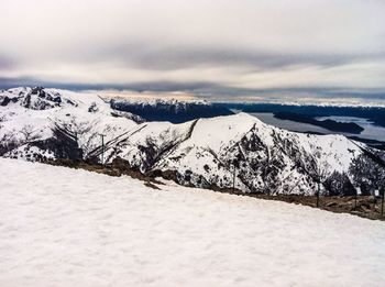 Snow covered landscape against cloudy sky
