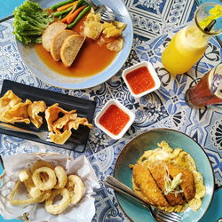 High angle view of breakfast served on table