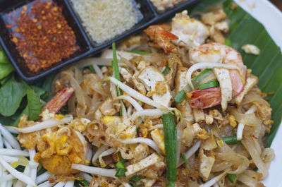 High angle view of food served in plate