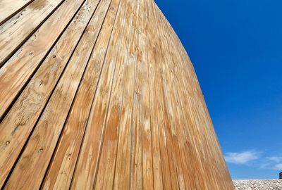 Low angle view of wooden wall against blue sky