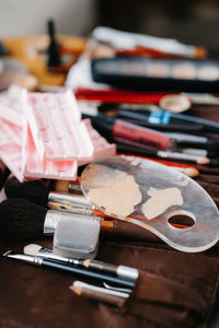 High angle view of paintbrushes on table