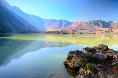 Scenic view of lake and mountains against sky